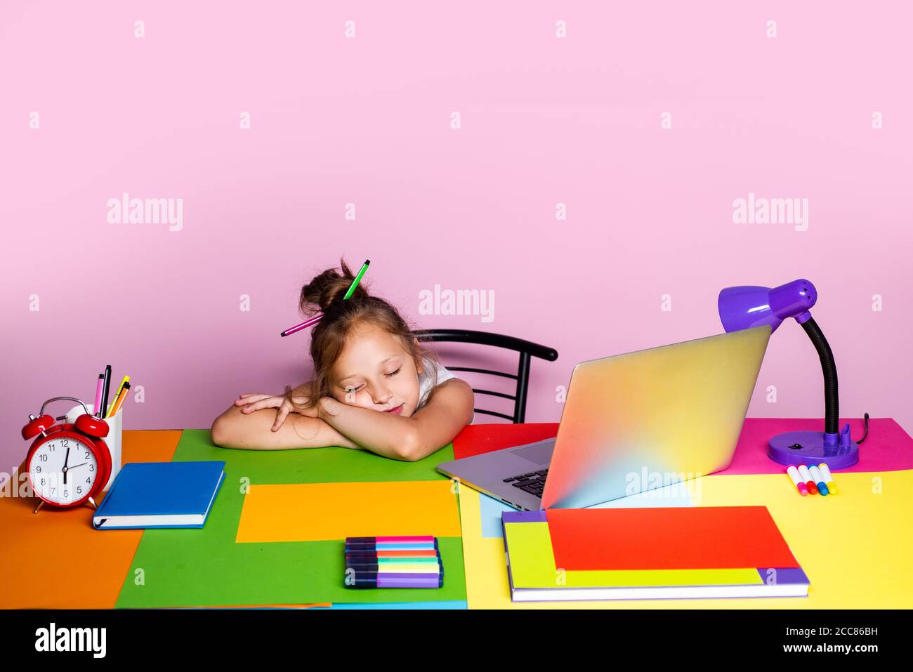 Bored kids student listening while classmate sleeping at school. Child ...