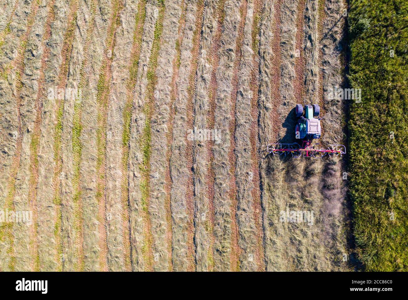 Top view of tractor with tedders, drying mowed hay Stock Photo Alamy