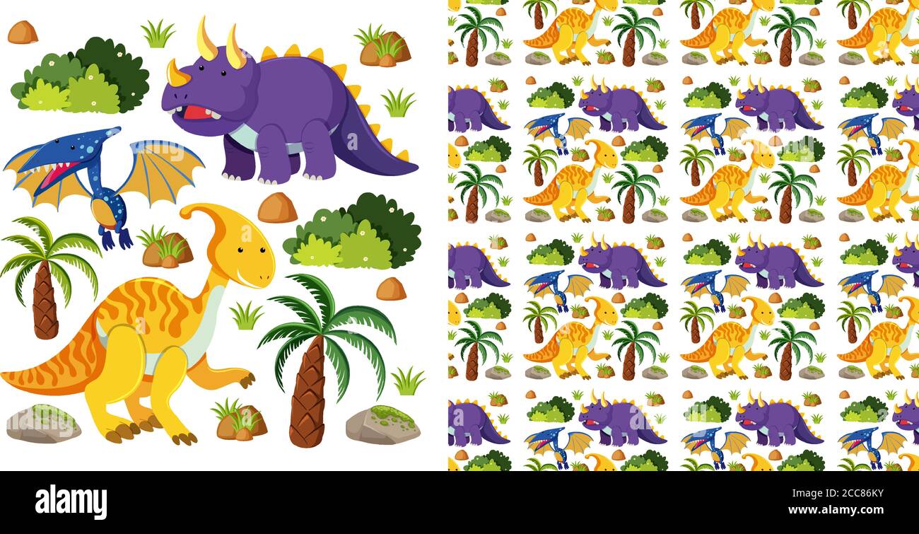 Seamless and group of cute dinosaurs isolated on white background ...