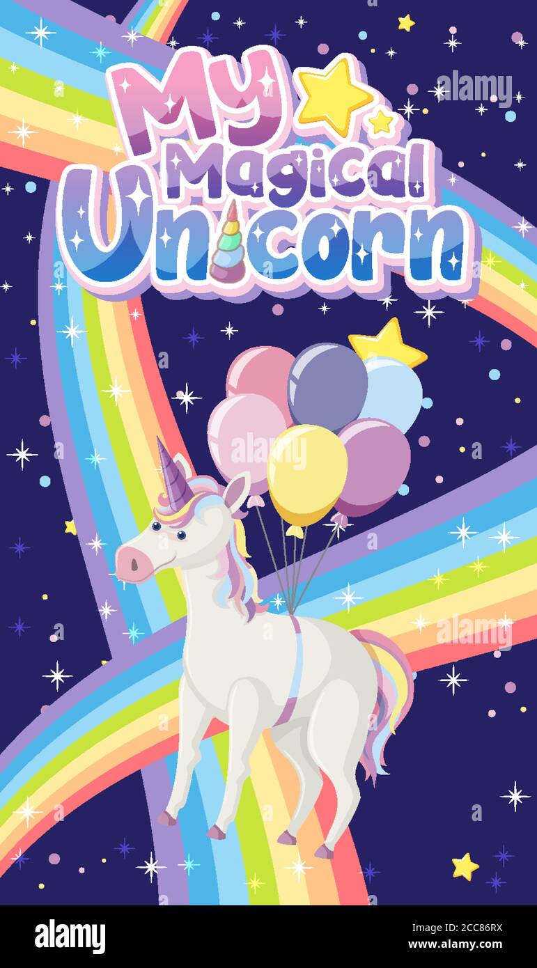 My Magical Unicorn Logo With Cute Unicorn On Night With Rainbow Background Illustration Stock Vector Image Art Alamy