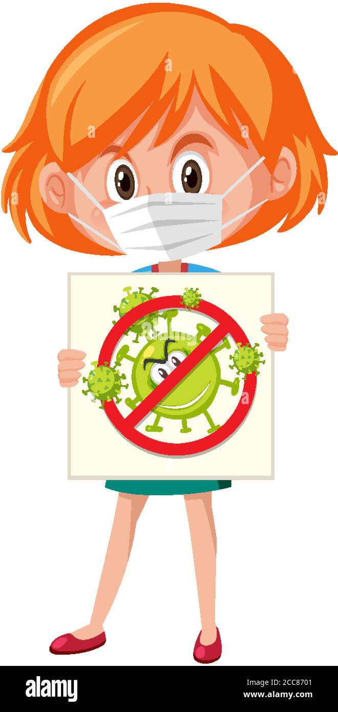 Girl wearing mask and holding stop coronavirus sign illustration Stock ...