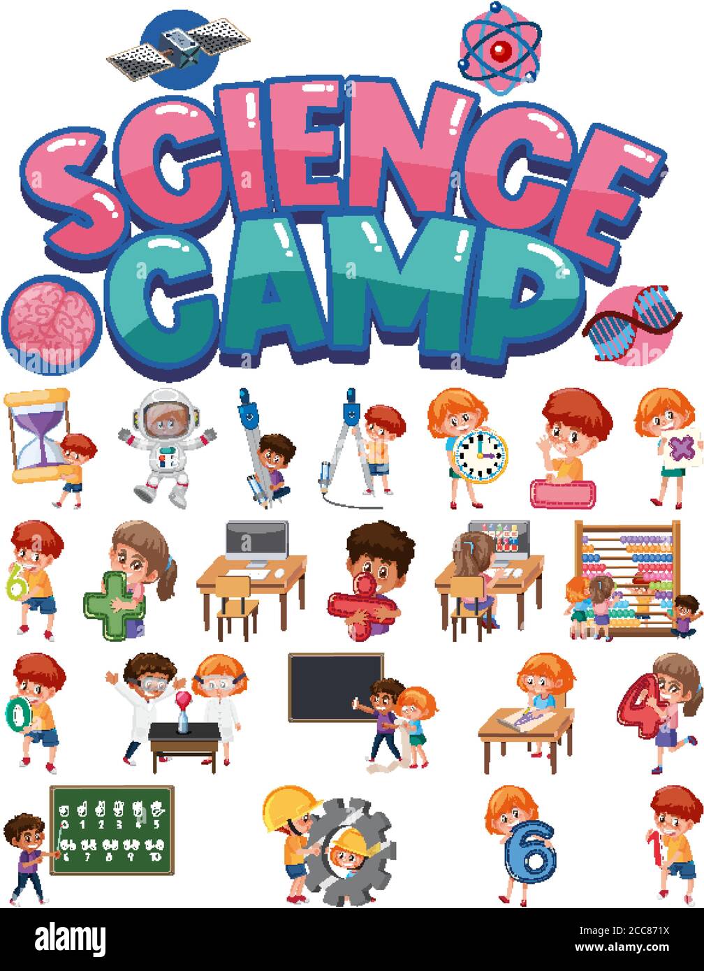 Science camp logo and set of children with education objects isolated