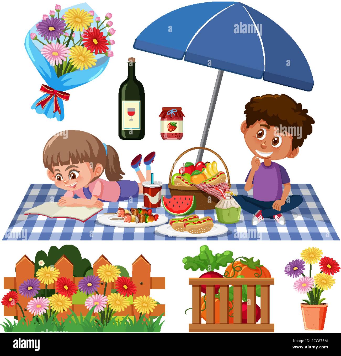 Set of picnic time with kids and food illustration Stock Vector Image