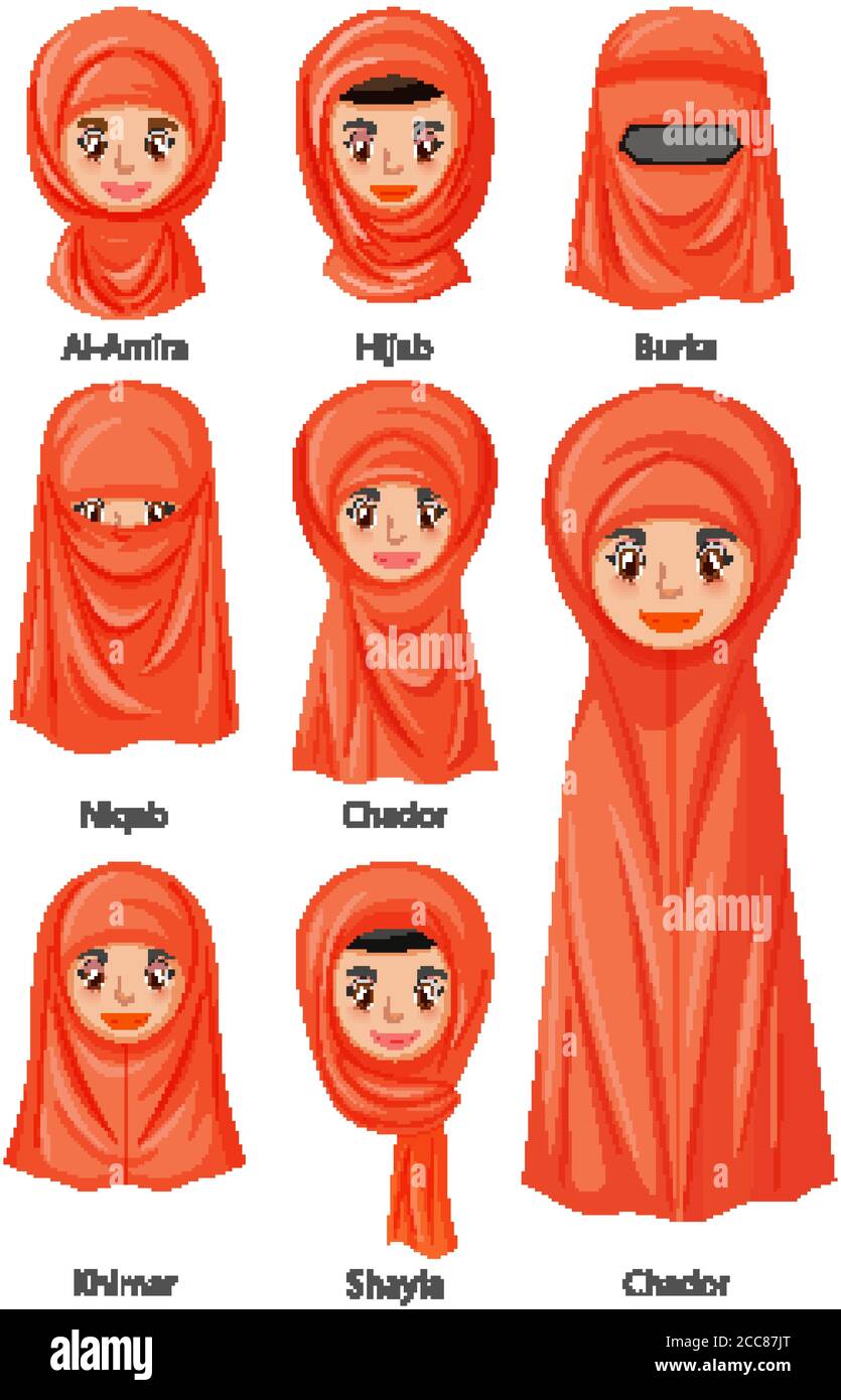 Types Of Islamic Traditional Veils Of Female In Cartoon Style Illustration Stock Vector Image