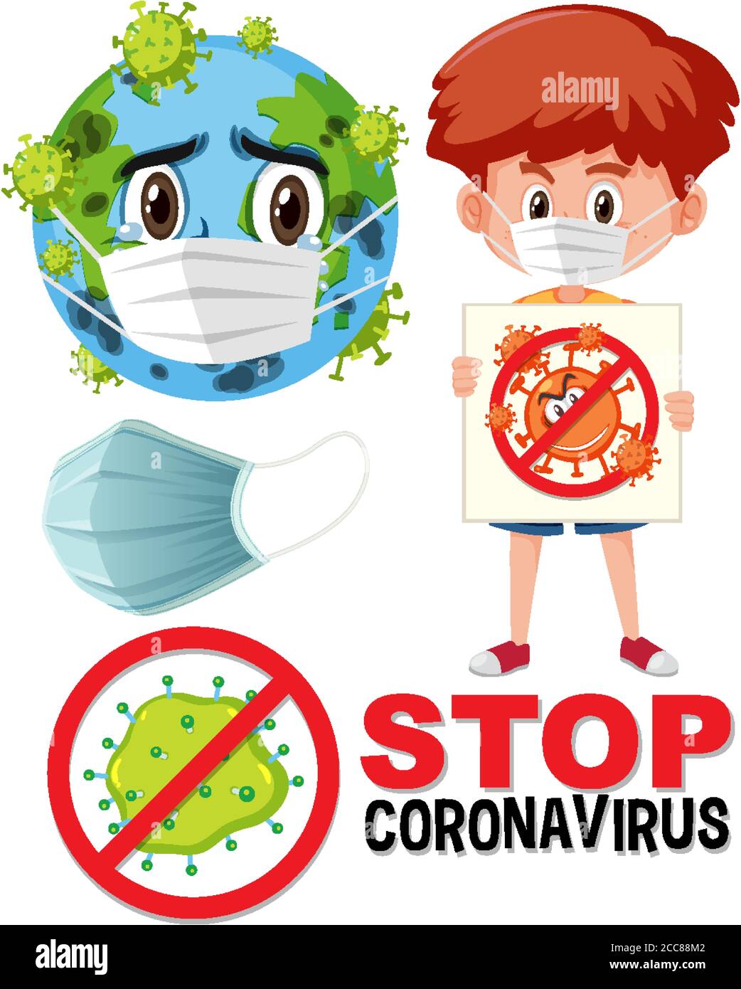Stop coronavirus logo with earth wearing mask cartoon character and boy ...