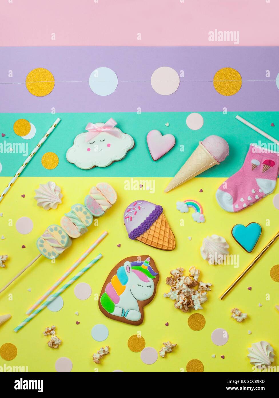 Cute kids party background with sweets, ice cream cone, gingerbreads and marshmallows Stock Photo