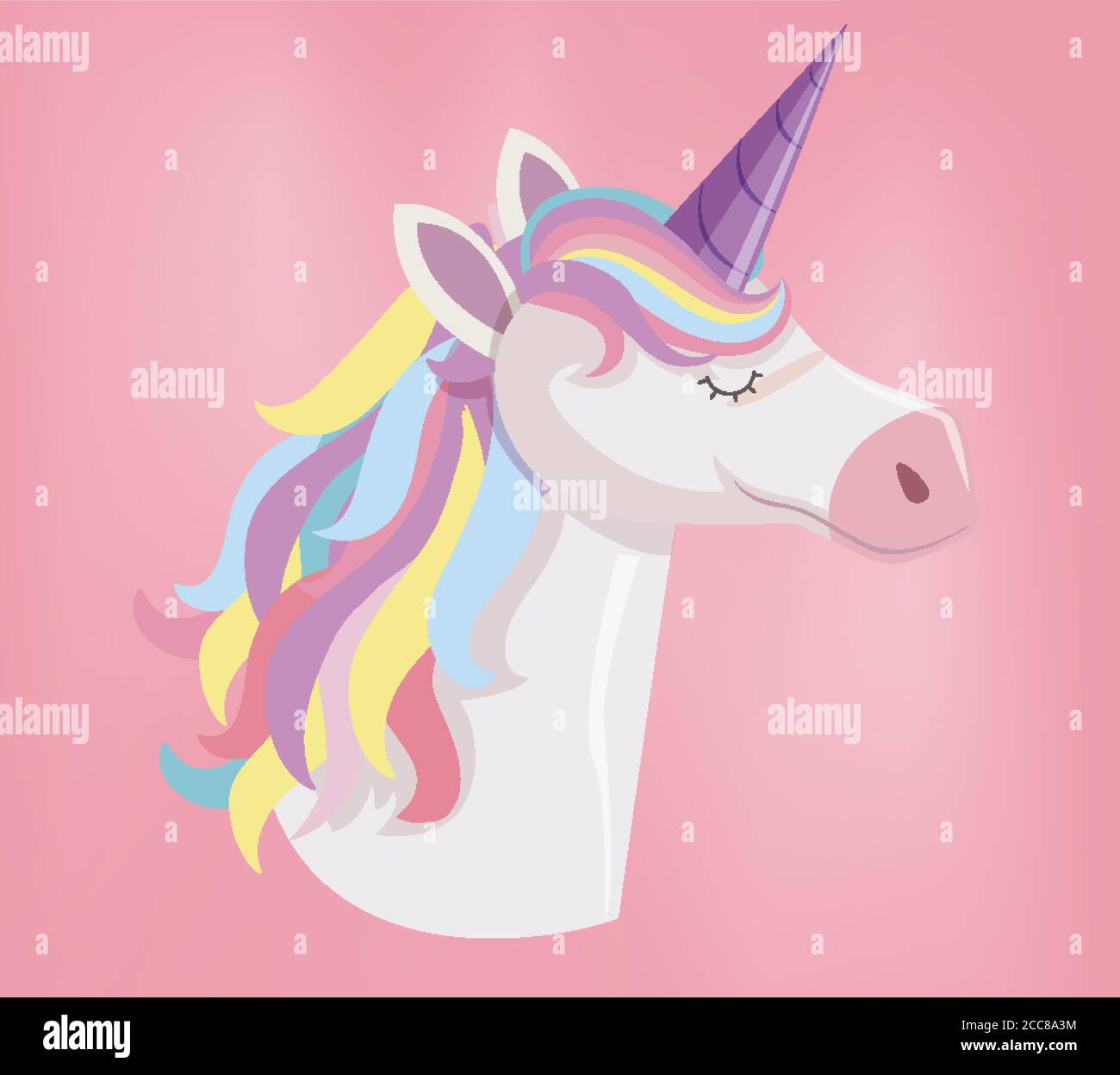 Unicorn head with rainbow mane and horn isolated on pink background ...