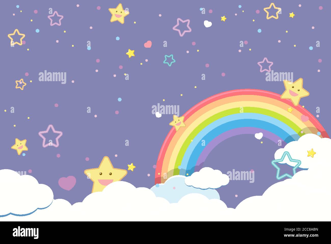 Blank purple sky with rainbow and smiley cute stars illustration Stock Vector