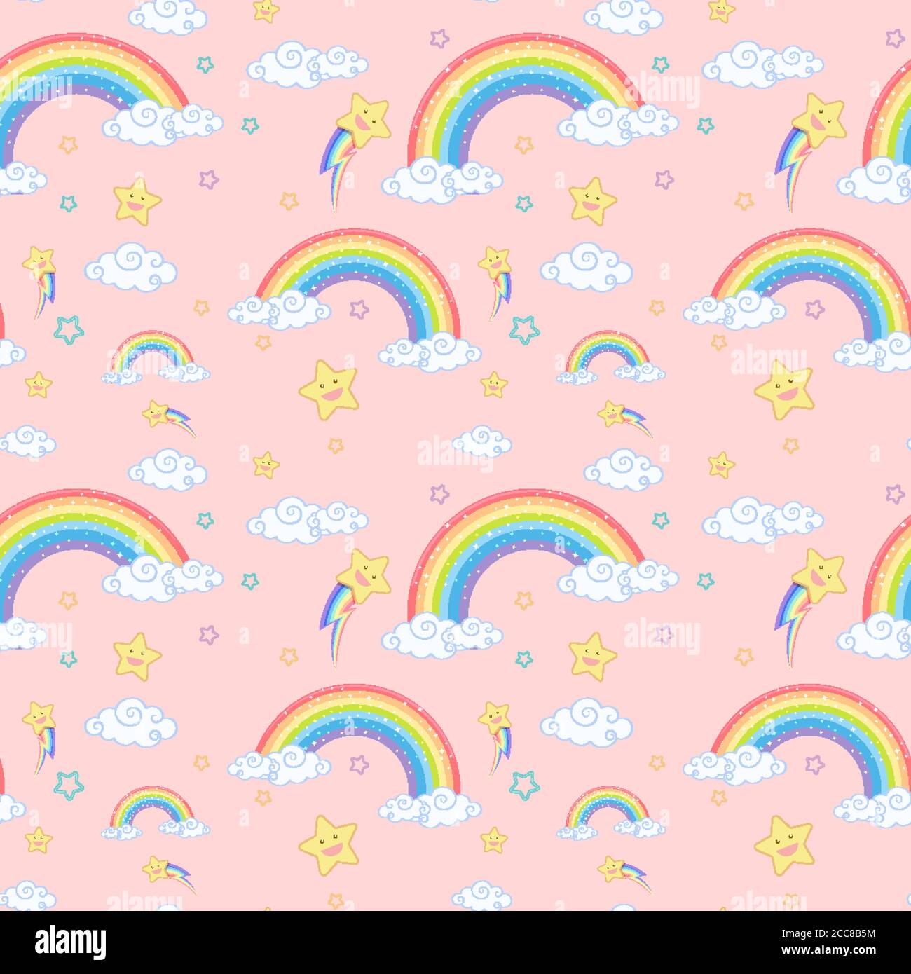 Seamless rainbow with cloud and star pattern on pink background illustration Stock Vector