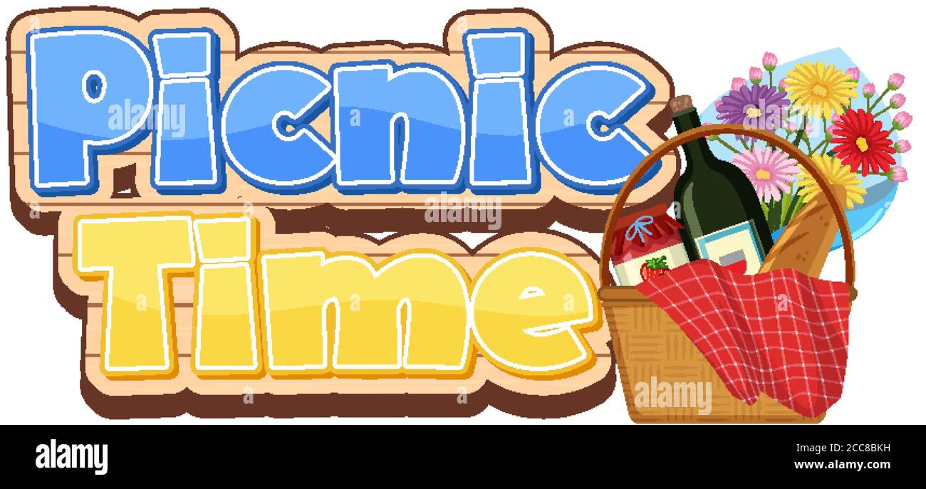Font design for picnic time with food in the basket illustration Stock