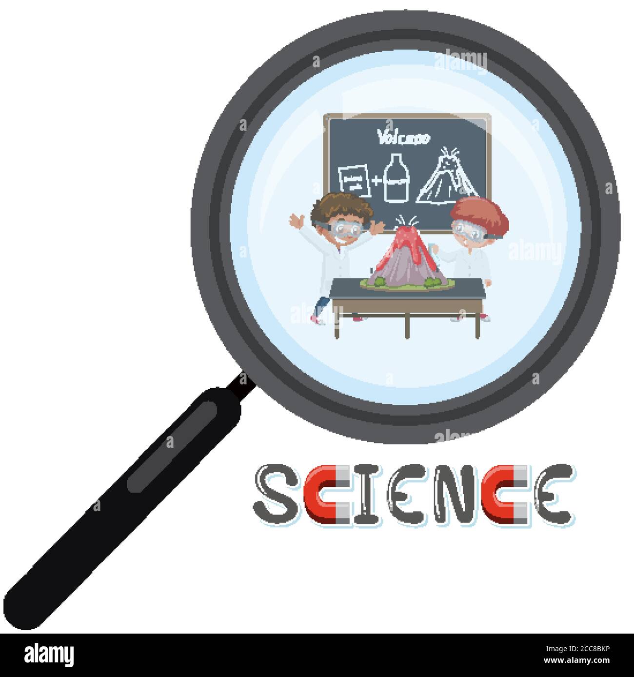 Science logo with scientist in magnifying glass isolated illustration