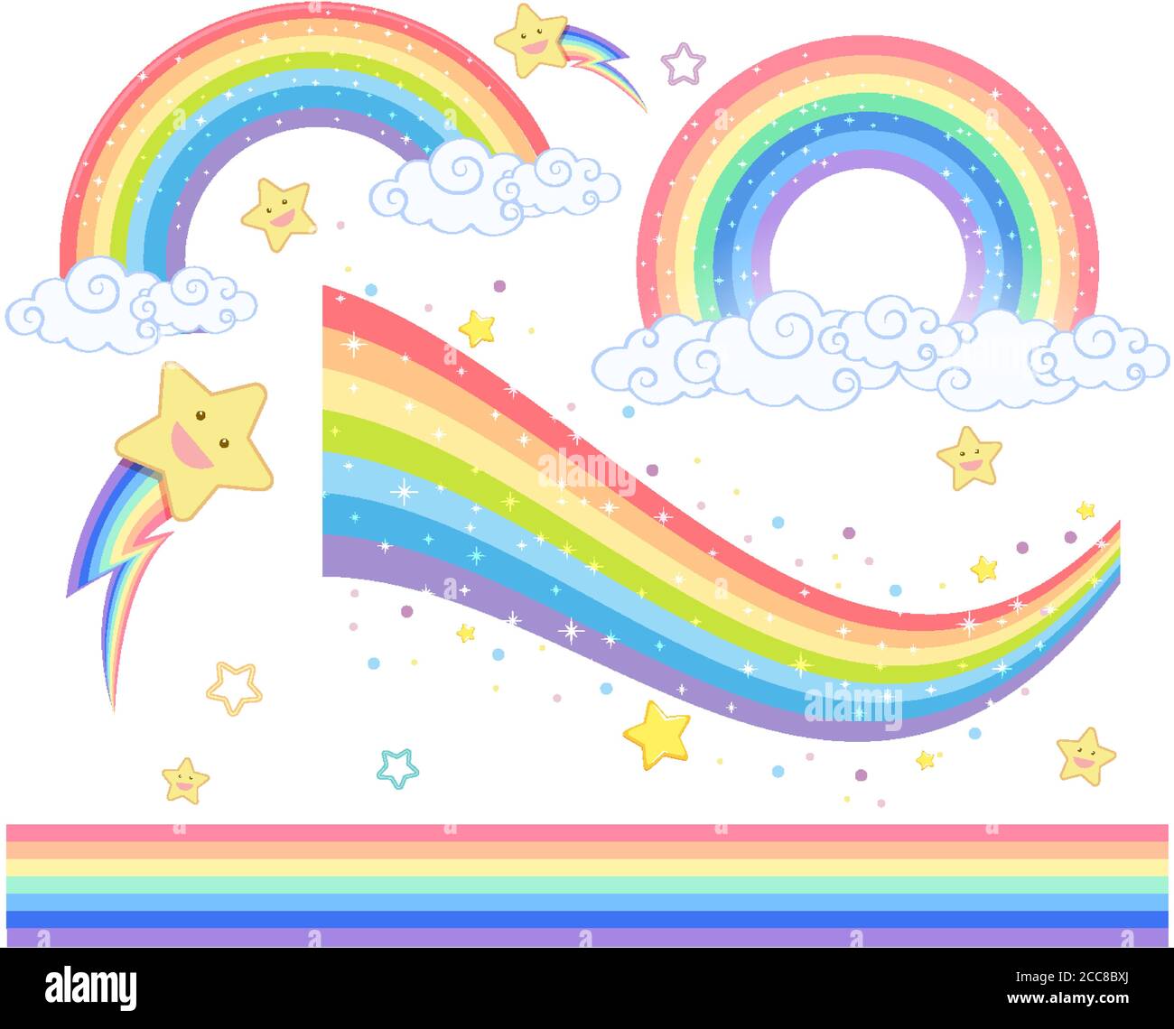 Differents rainbows with cute stars and clouds isolated on white ...