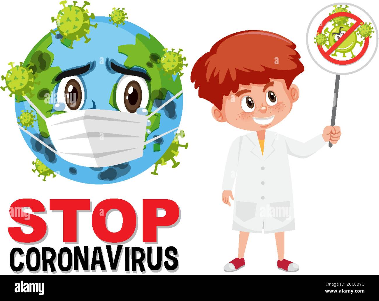 Stop coronavirus logo with earth wearing mask cartoon character and ...