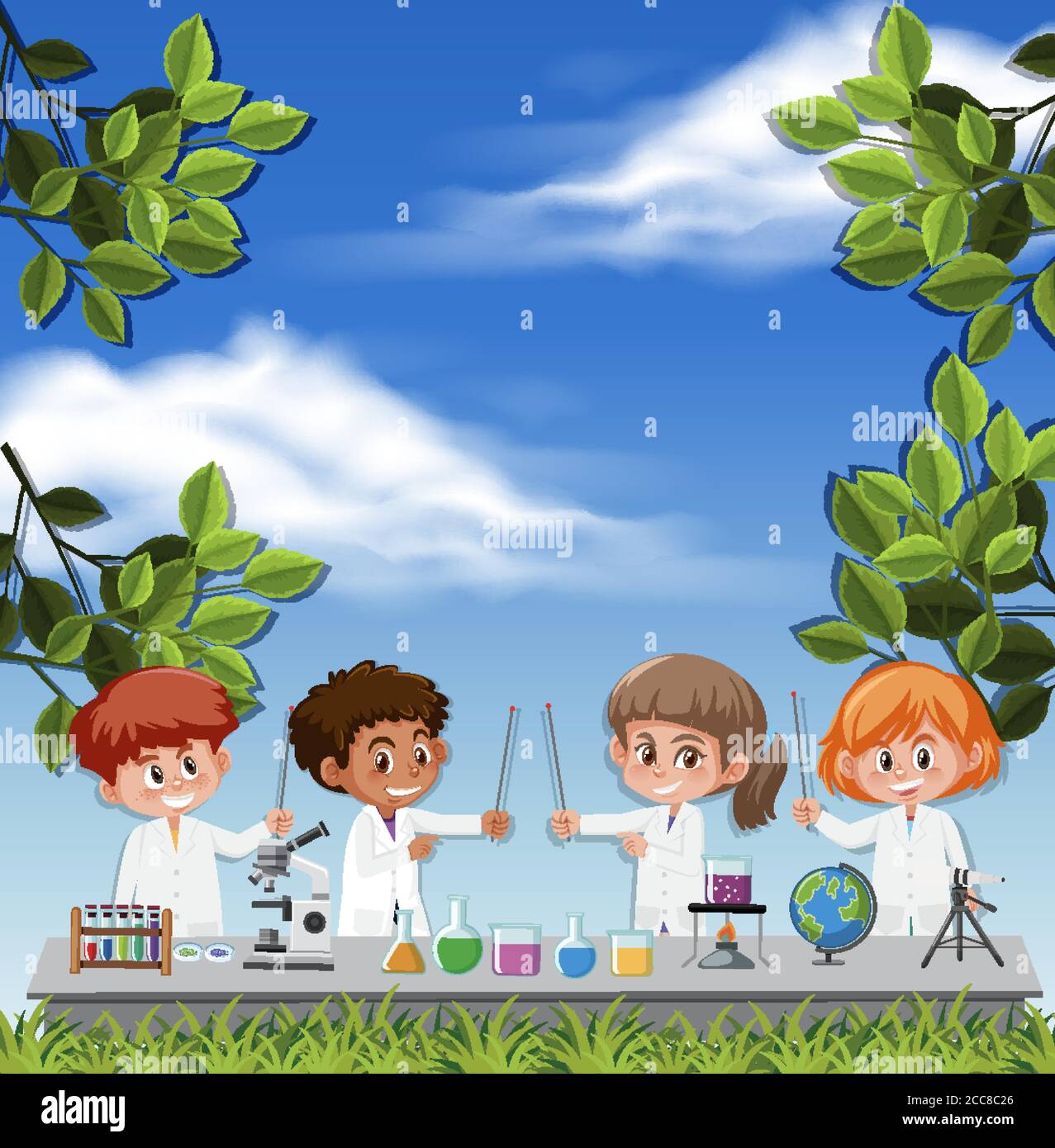 Science Child Potrait Kids wearing scientist costume on sky background illustration Stock ...