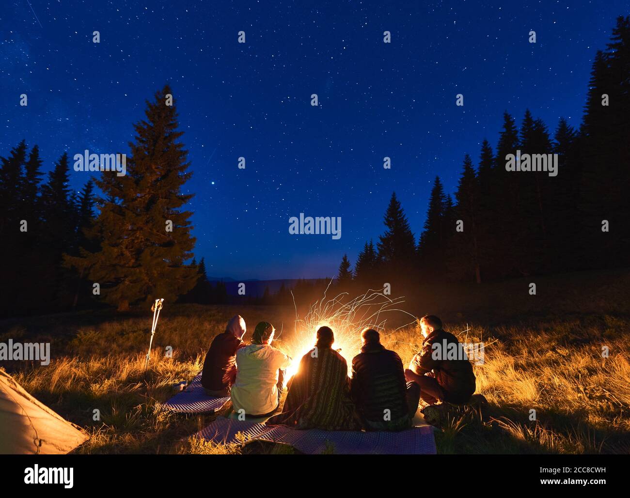 Summer Camping Under Stars Back View Of Group Of Five People Men And Woman Sitting Near Bright Bonfire Tourist Tent Under Dark Night Sky With Sparkling Stars Concept Of Tourism Evening Camping