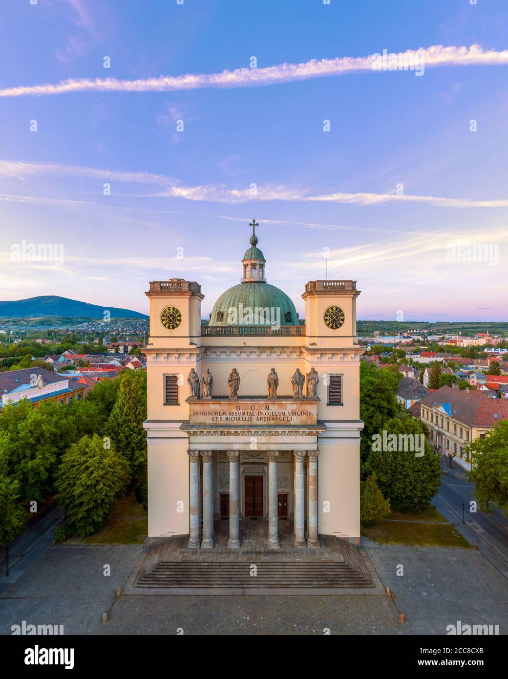 Amazing aerial citycape with cathedral. Vac is a fantastic city not too far from Budapest in Hungary. This baroque style old historical church built i Stock Photo