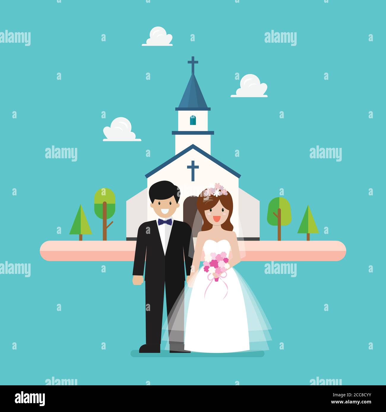 Wedding ceremony at church. Wedding couple are standing in front of