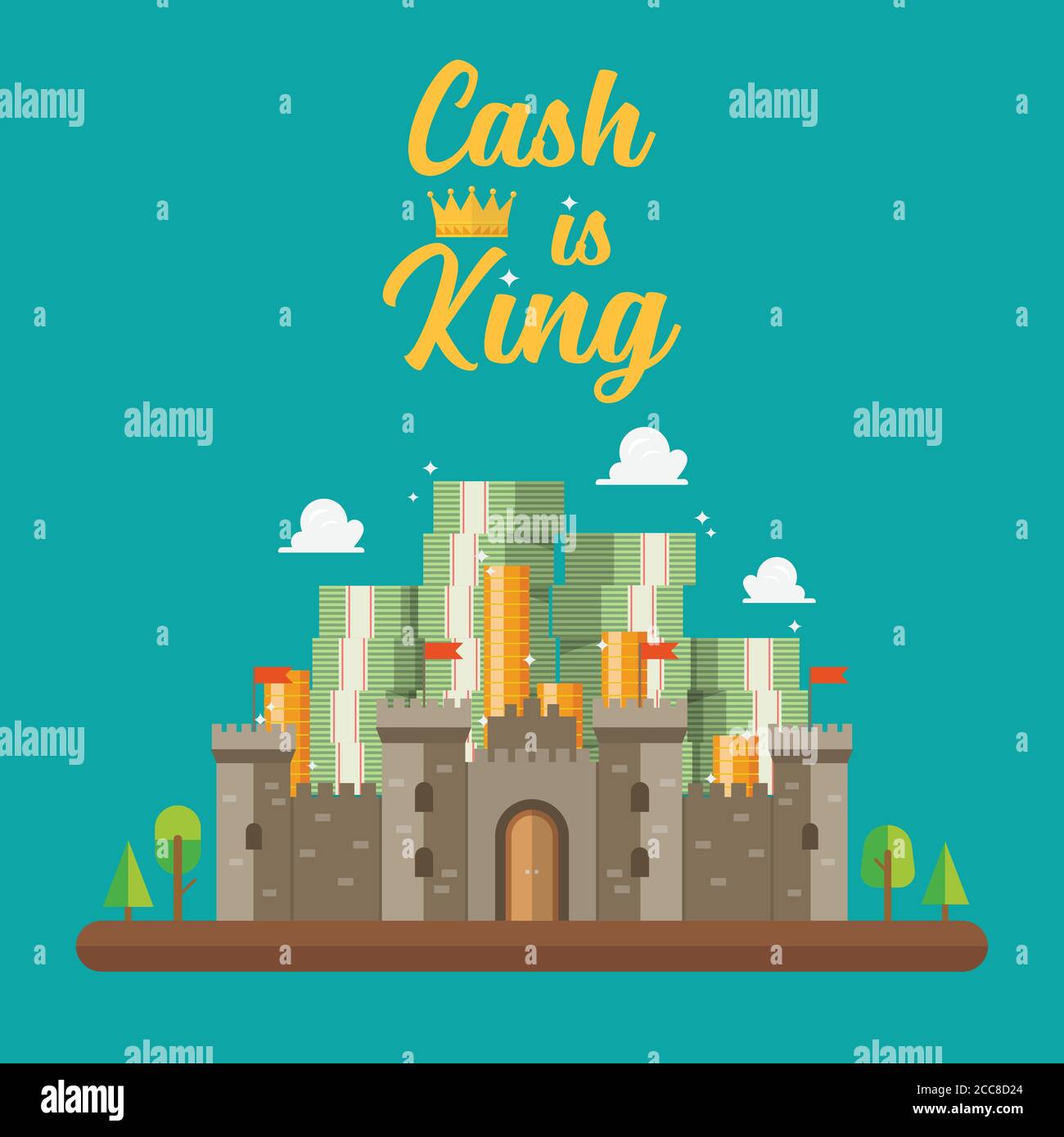 Cash is king text with pile of money in the castle. Vector illustration