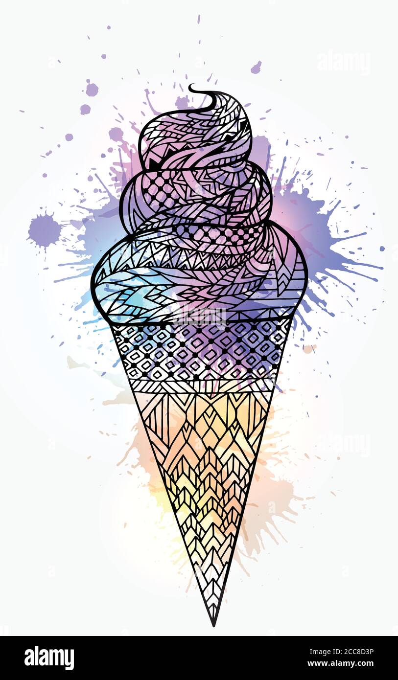 Vector illustration of ice cream cone with boho pattern and watercolor splashes. Doodle element for printing on T-shirts, postcards and your creativit Stock Vector
