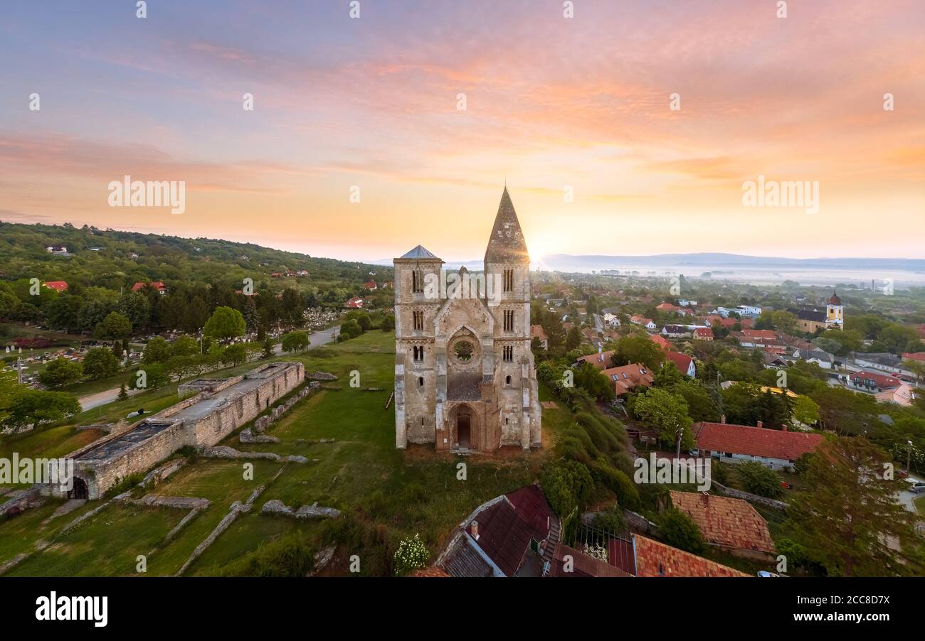 Amazing aerial photo about the Premontre Monastery. This is a church ruin in Zsambek city Hungary. Built in 1220-1234.  Roman and gotchic style. Destr Stock Photo