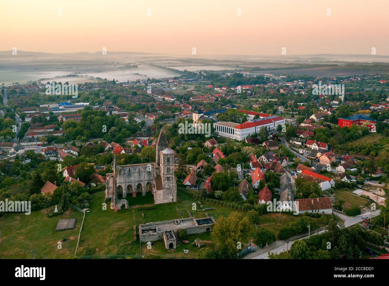 Amazing aerial photo about the Premontre Monastery. This is a church ruin in Zsambek city Hungary. Built in 1220-1234.  Roman and gotchic style. Destr Stock Photo