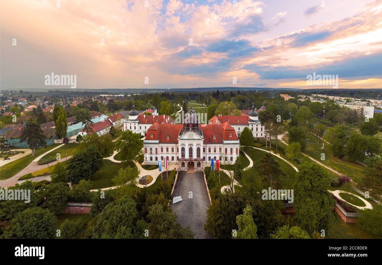 05.01.2020. Hungary Godollo. Aerial photo about the Royal castle of city. Sissy queen summer palace. Stock Photo