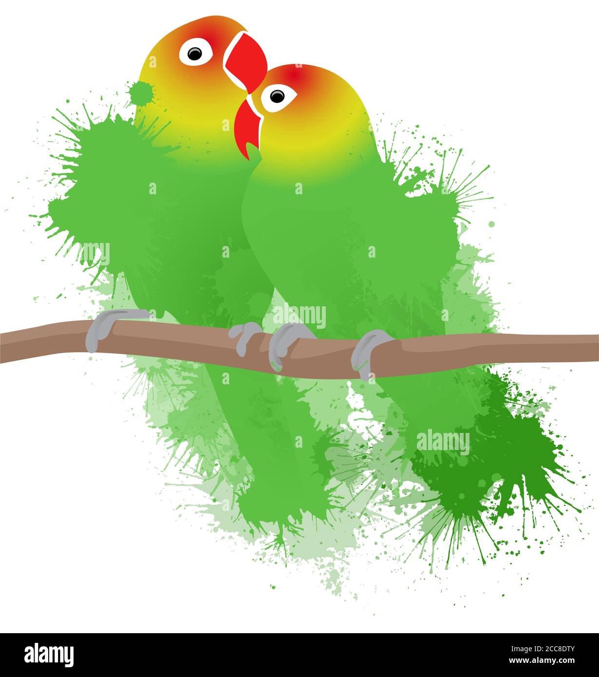 Vector illustration of lovebirds parrots with watercolor splashes. Love