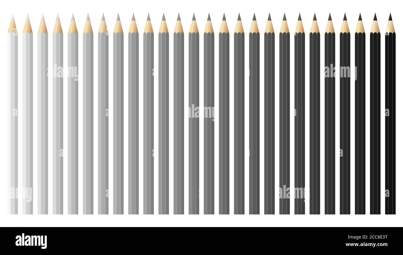 Black and white pencils, crayons set, back to school. Black and white spectrum vector pencils and crayons isolated on white background. High quality. Stock Vector