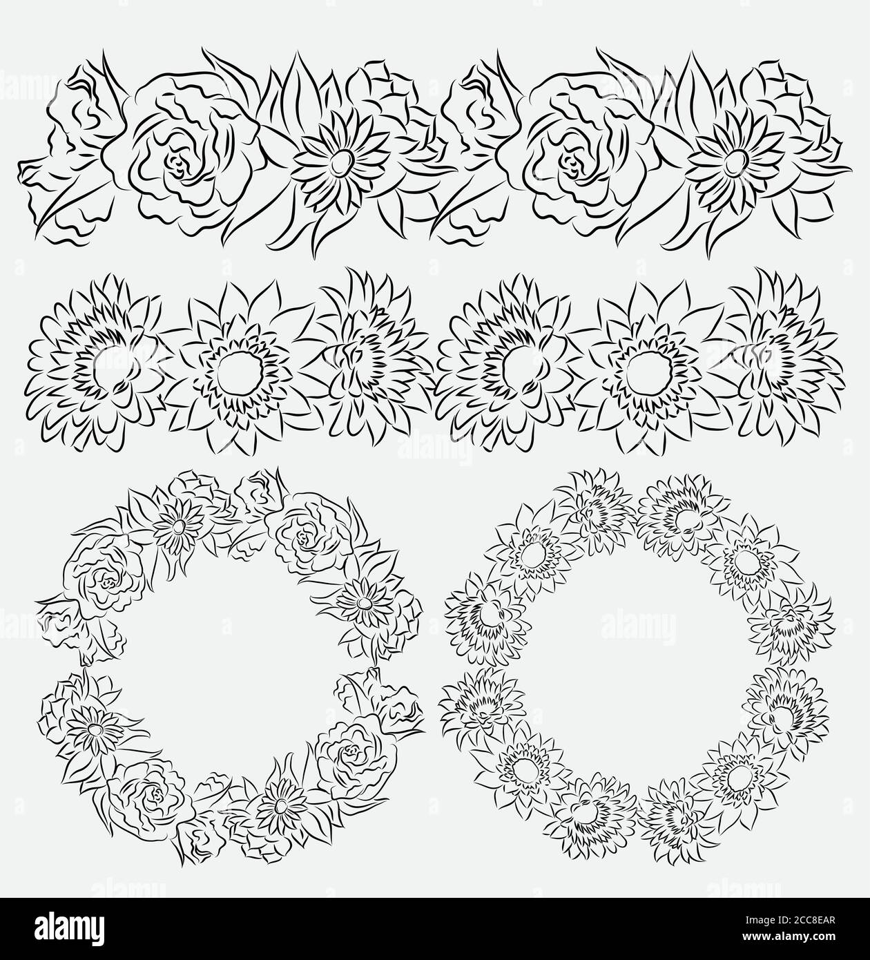 Set of flower brushes and frames. Contour drawing. Vector element for your creativity Stock Vector