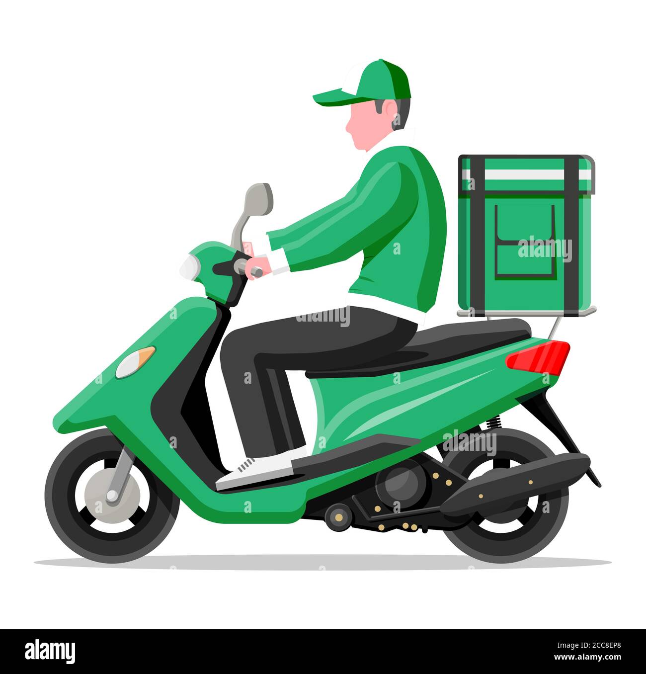Delivery man riding motorbike scooter with the box. Concept of fast  delivery in the city. Male courier with parcel box on his back with goods,  food and products. Cartoon flat vector illustration