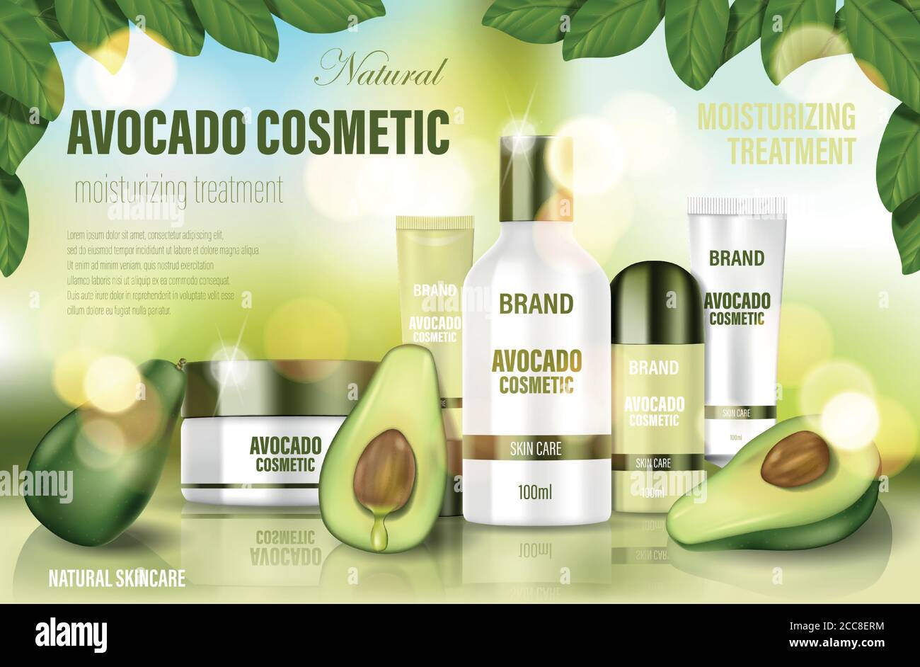 Avocado cosmetic poster ad. Realistic face cream, body wash, lotion