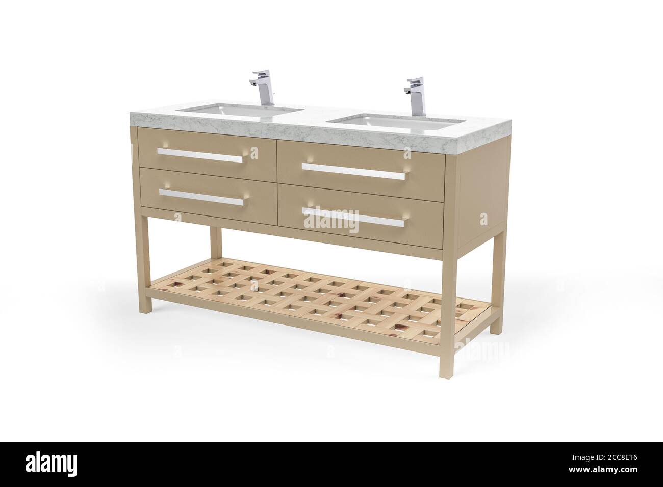 Modern ecru bathroom with two sinks and taps isolated on