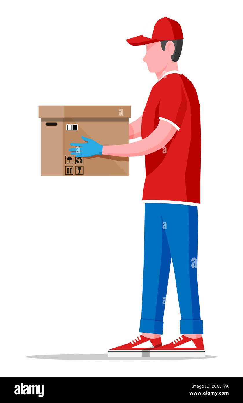 Man holding cardboard box. Courier character holds parcel in his hands.  Carton delivery packaging closed box with fragile signs. Free and fast  shipping. Vector illustration in flat style Stock Vector Image 