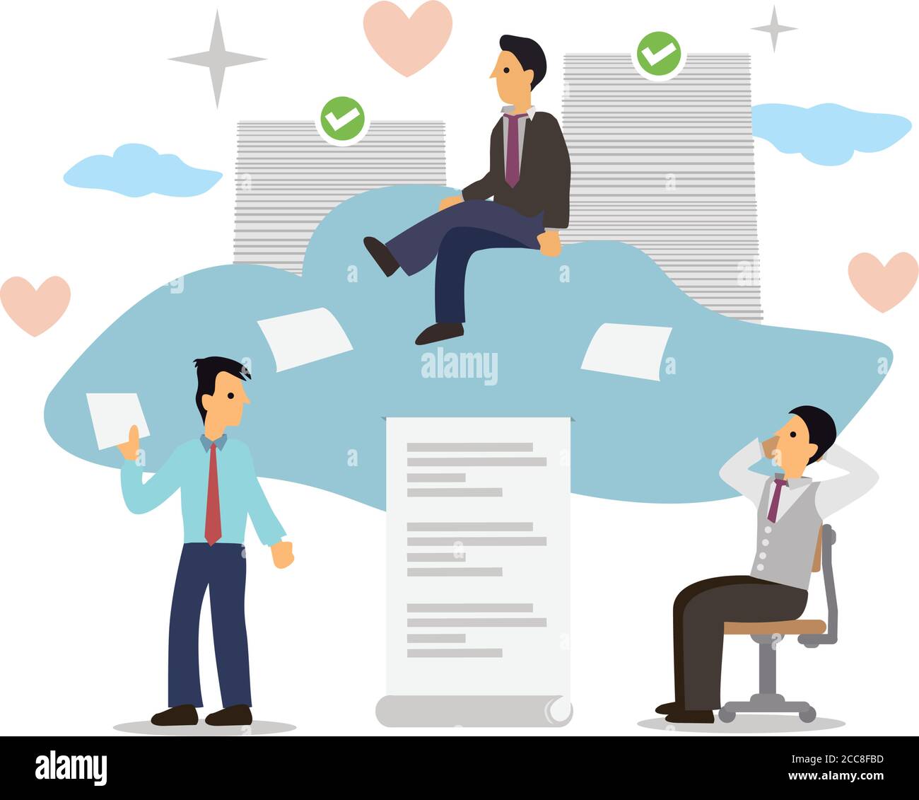 Businesspeople with Cloud Computing Concept. Cloud Computing online digital document storage system. Flat cartoon character vector illustration. Stock Vector