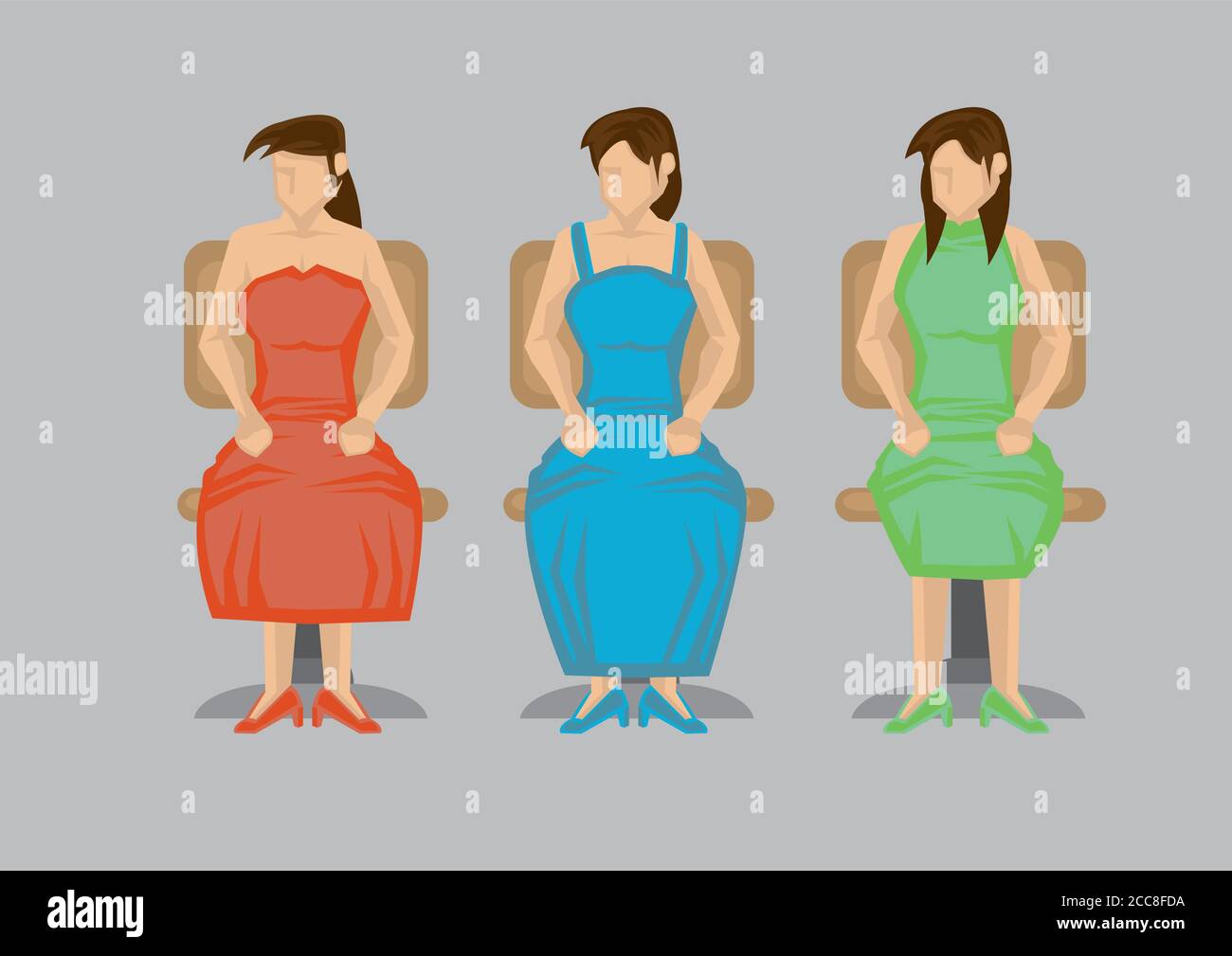 Woman in different style and color dresses sitting on swivel office chair. Cartoon character illustration isolated on plain background. Stock Vector