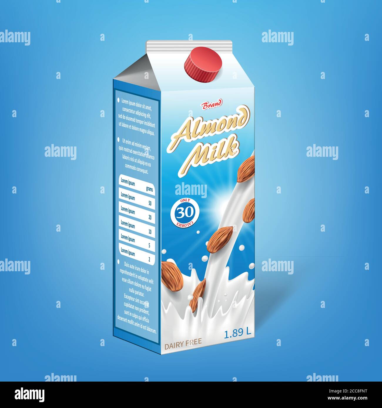 Realistic almond milk carton package. Milk package design isolated template for vegan natural meal. Dairy product for healthy nutrition branding Stock Vector