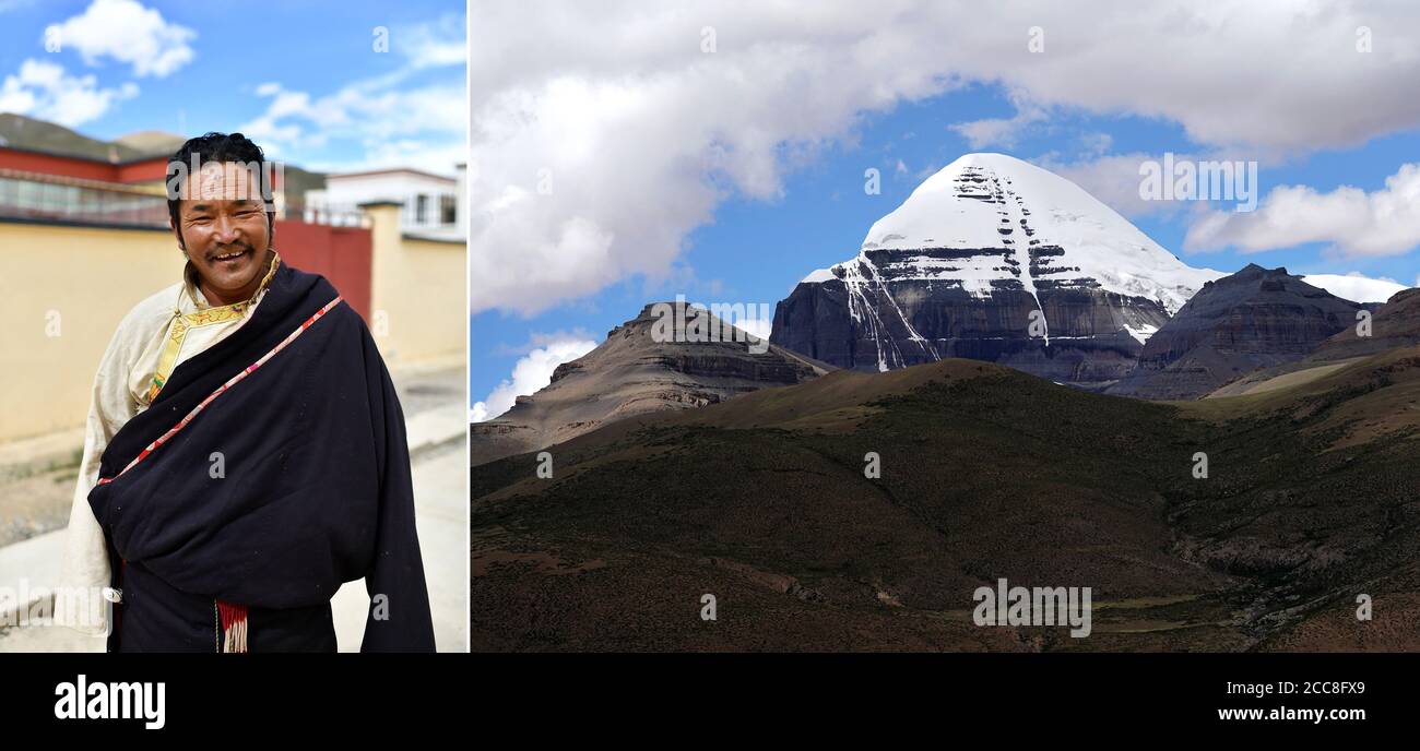 (200820) -- LHASA, Aug. 20, 2020 (Xinhua) -- In this combination photo taken on July 27, 2020, the left part is a portrait of villager Gangma Daje in Gangsha Village of Burang County, Ngari Prefecture, southwest China's Tibet Autonomous Region; and the right part shows Mount Kangrinboqe in Burang County.Gangma Daje now earns a good livelihood by offering tourist services at the foot of Mount Kangrinboqe.   In recent years, Tibet Autonomous Region gives high priority to poverty alleviation and takes effective measures to improve the living and working conditions of locals. The poverty relief po Stock Photo