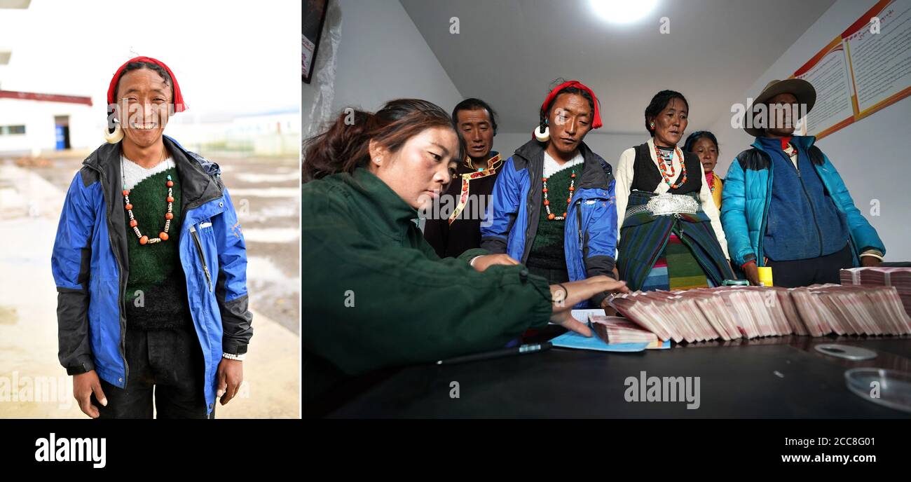 (200820) -- LHASA, Aug. 20, 2020 (Xinhua) -- In this combination photo taken on July 31, 2020, the left part is a portrait of villager Aluo in Bangbug Village of Tingri County, Xigaze, southwest China's Tibet Autonomous Region; and the right part shows Aluo receiving his salary at the animal husbandry collective of Bangbug Village.In 2019, Aluo joined the village collective with his herd of goats. In addition to regular dividends, he earns 3,000 yuan (433 U.S. dollars) a month herding for the collective. In recent years, Tibet Autonomous Region gives high priority to poverty alleviation and Stock Photo