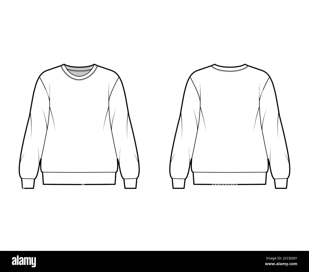 Cotton-terry oversized sweatshirt technical fashion illustration with relaxed fit, crew neckline, long sleeves. Flat outwear jumper apparel template front, back, white color. Women men, unisex top CAD Stock Vector