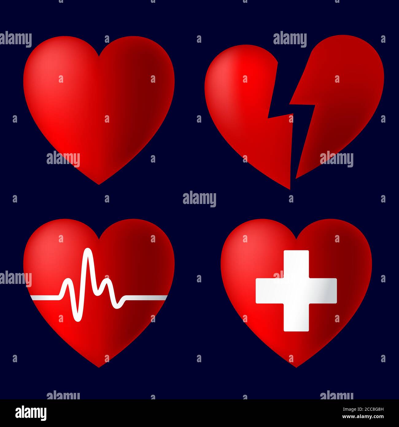 Vector illustration. Four heart icons with lights and shadows. Love and health symbols Stock Vector