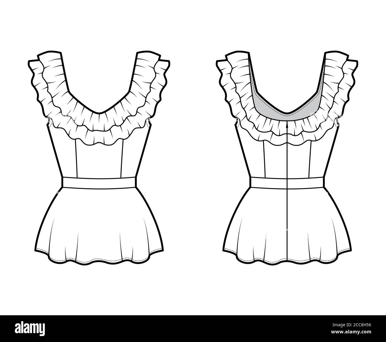 Peplum Blouse Technical Fashion Illustration With 2 Layers Of Ruffles Along The Diamond Neckline Back Zip Peplum Blouse Technical Fashion Illustration With 2 Layers Of Ruffles Along The Diamond Neckline Back Zip