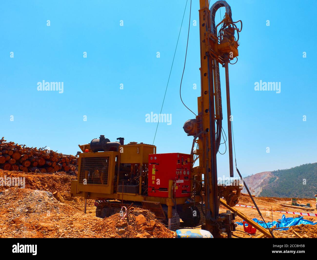 Crawler drilling rigs perform engineering and geological surveys. Stock Photo
