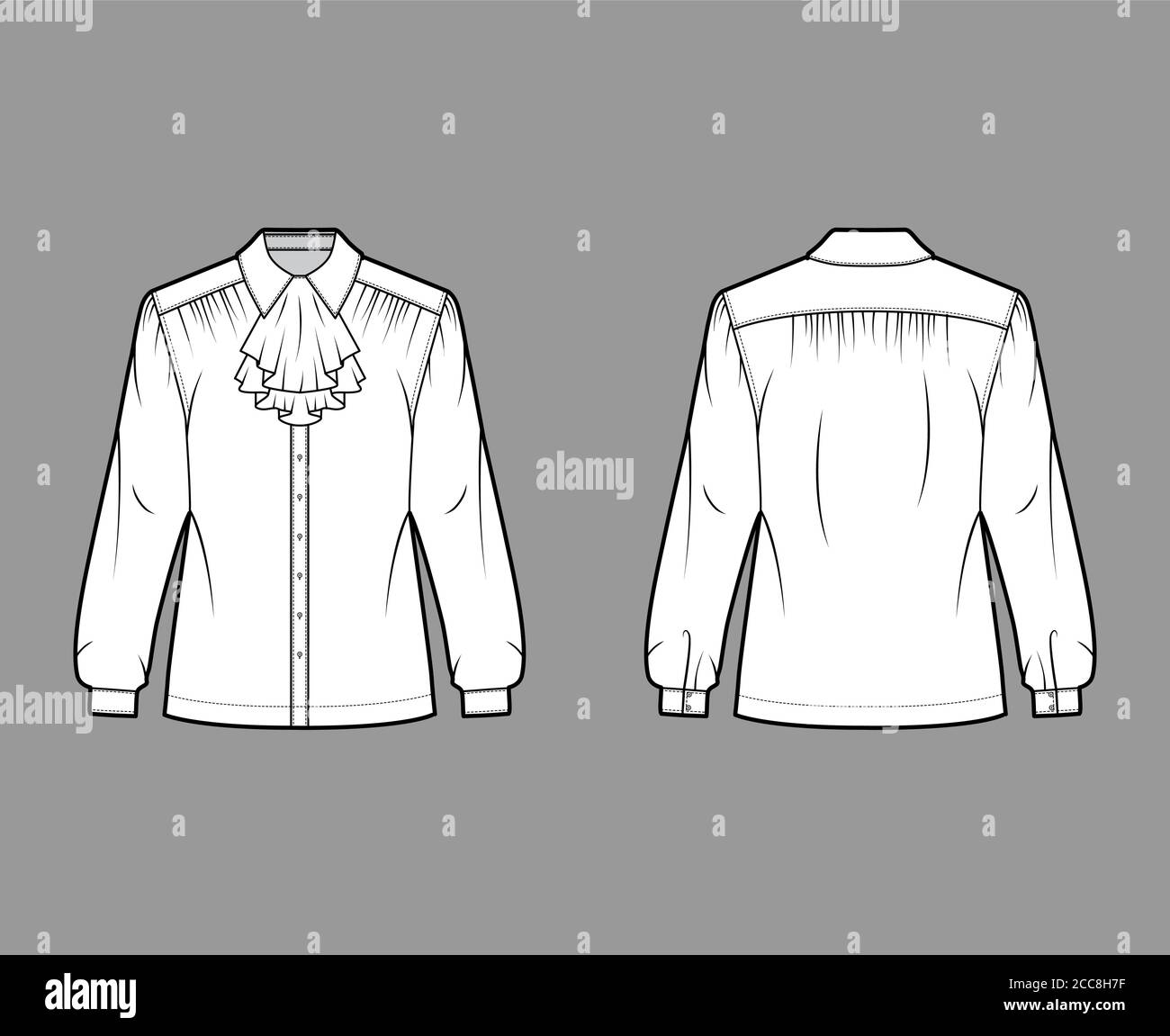 Jabot shirt technical fashion illustration with long sleeves with cuff