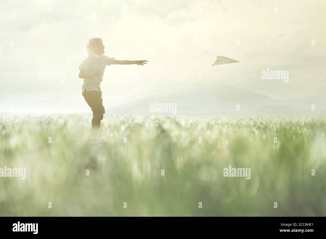 young boy makes his paper airplane fly in a meadow Stock Photo - Alamy