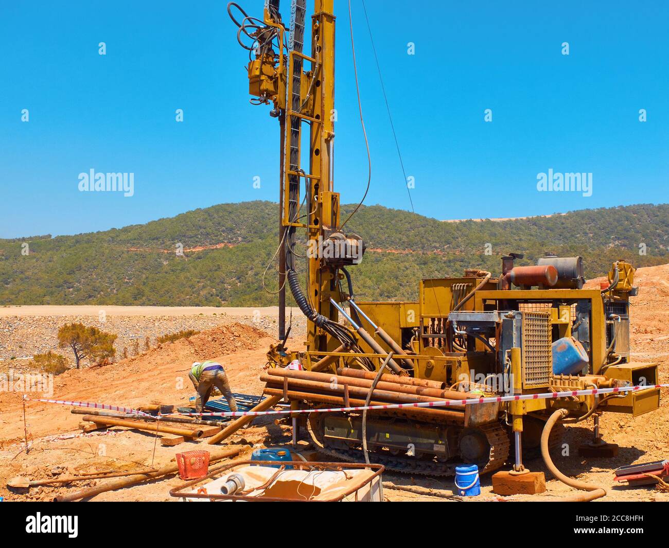 Crawler drilling rigs perform engineering and geological surveys. Stock Photo