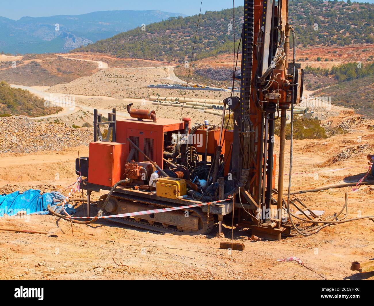 Crawler drilling rigs perform engineering and geological surveys. Stock Photo