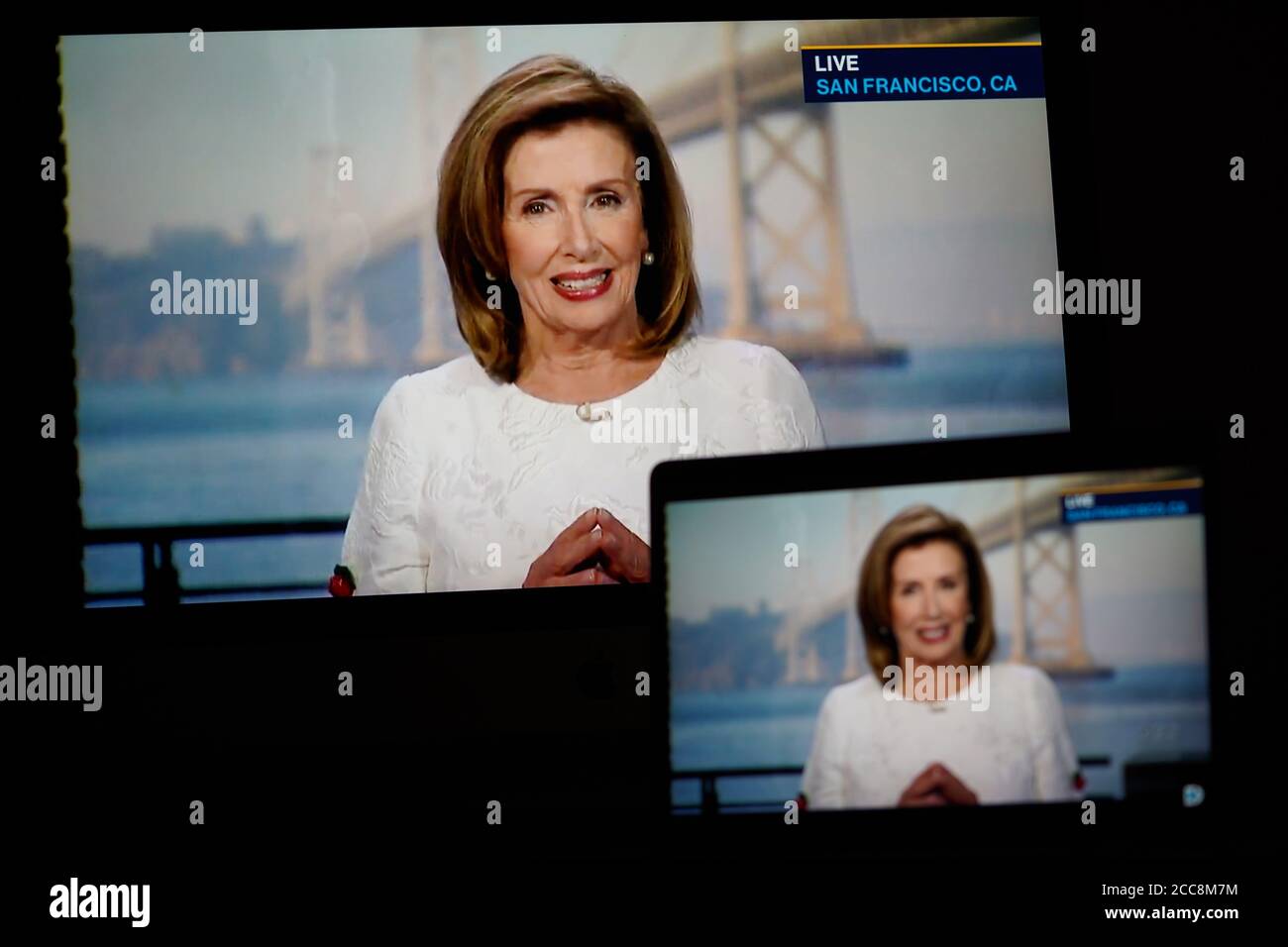 Washington, USA. 20th Aug, 2020. Images of U.S. House Speaker Nancy Pelosi speaking in a video feed of the 2020 Democratic National Convention are displayed on screens in Arlington, Virginia, the United States, on Aug. 19, 2020. Credit: Liu Jie/Xinhua/Alamy Live News Stock Photo