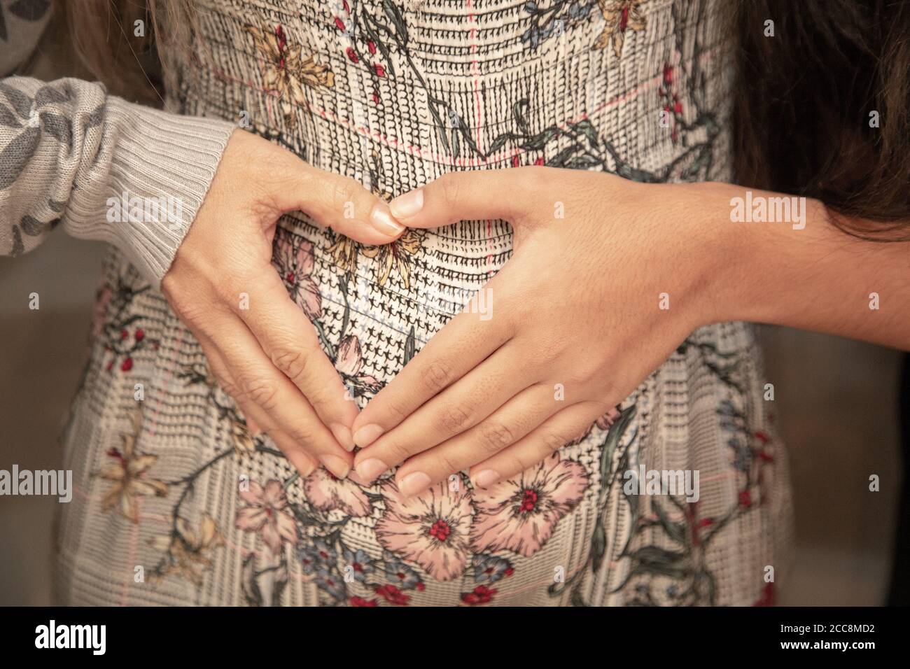 Closeup of a woman's hands on her belly - pregnancy concept Stock Photo
