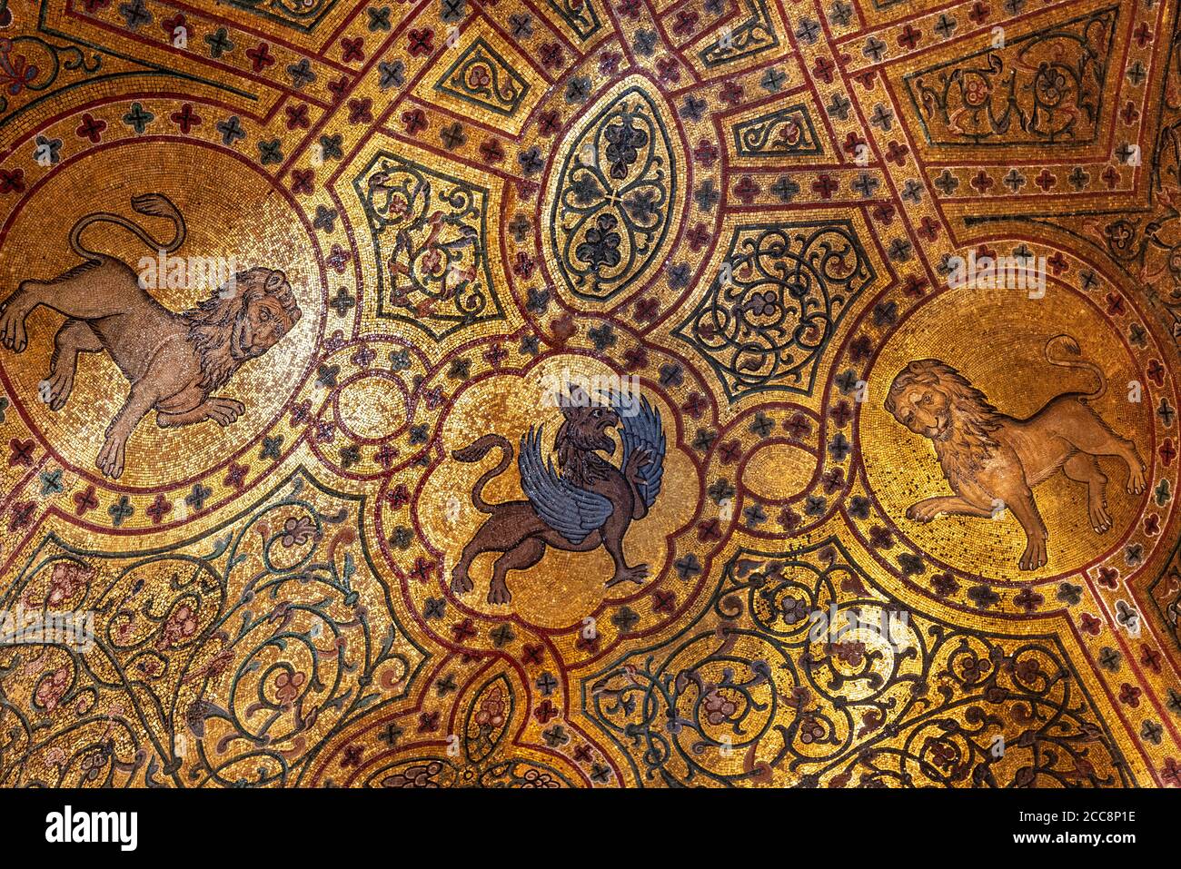 12th Century Mosaics decorating the interior of the Sala Di Ruggero, Room of Roger II,  in the Palazzo dei Normanni, Central Palermo. Sicily. Stock Photo