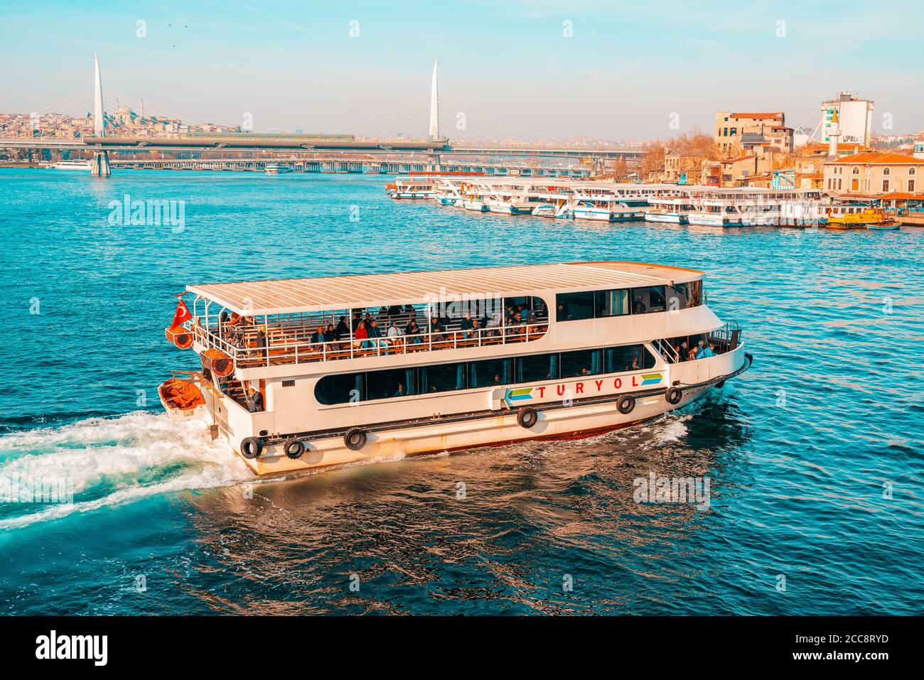 23.10.2019 Istanbul, Turkey. Cruise pleasure ship sails on the sea. In the background there is a horizon and a view of the city. Copy space. The conce Stock Photo